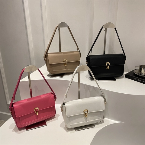 Women Shoulder Crossbody Bag Retro PU Leather Litchi Grain Horseshoe Lock Flap Square Bag For Daily Commute