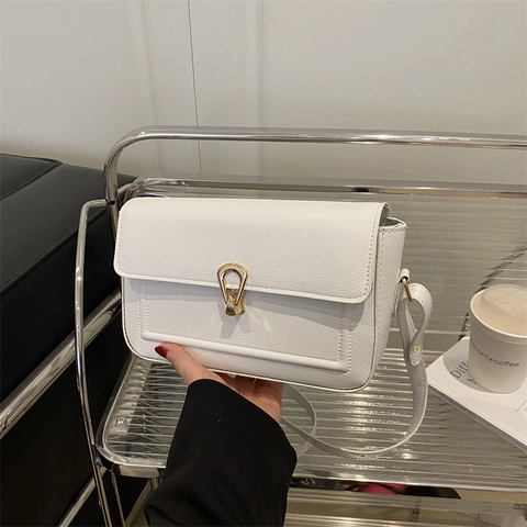 Women Shoulder Crossbody Bag Retro PU Leather Litchi Grain Horseshoe Lock Flap Square Bag For Daily Commute
