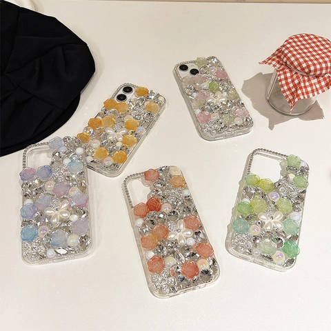 Luxus iPhone Hülle 3D Harz Rosenblüten Strass Full Diamond Handgefertigt Künstliche Perlen Blumen Handy Schutzhülle