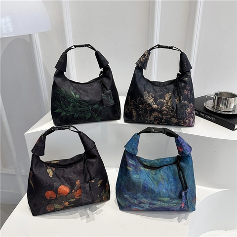 Damen Umhängetasche Künstlerische Ölgemälde Druck Stoff Handtasche Mit Verstellbarem Riemen Retro Eimer Stil Lässig