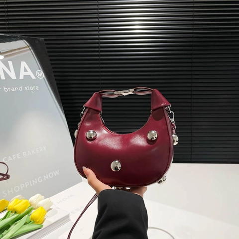 Crescent Half Moon Bag PU Leather With Large Silver Ball Rivets Adjustable Strap Underarm Crossbody Handbag For Women