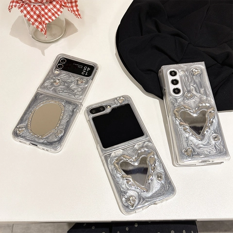 Liquid Metal Texture Phone Case With Heart Mirror And Rhinestones For Samsung Z Flip Fold Series Silver Grey