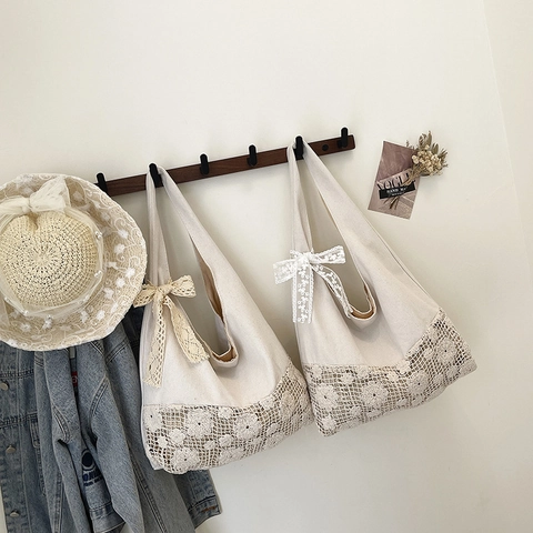 Women Korean Style Hollow Flower Canvas Shoulder Bag Large Capacity Underarm Bag With Lace Bow Crochet Daily Tote Bag