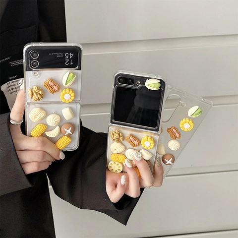 Grappige 3D Simulatie Voedsel Telefoonhoesje Transparante PC Cover Met Hars Noot Maïs Dumpling Charms Voor Samsung Z Flip Fold Serie