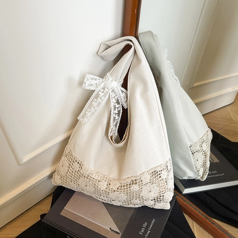 Women Korean Style Hollow Flower Canvas Shoulder Bag Large Capacity Underarm Bag With Lace Bow Crochet Daily Tote Bag