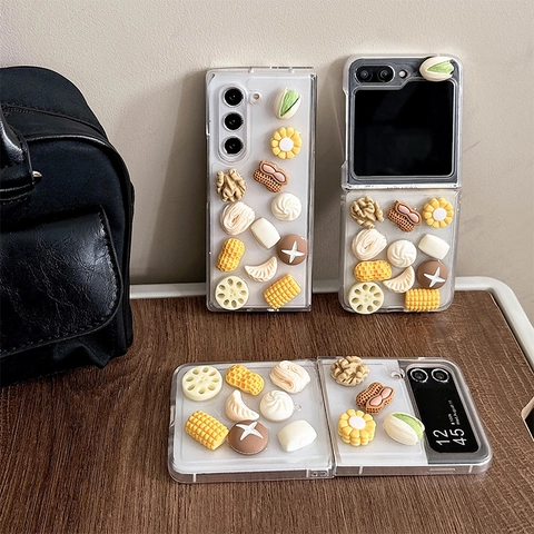 Grappige 3D Simulatie Voedsel Telefoonhoesje Transparante PC Cover Met Hars Noot Maïs Dumpling Charms Voor Samsung Z Flip Fold Serie