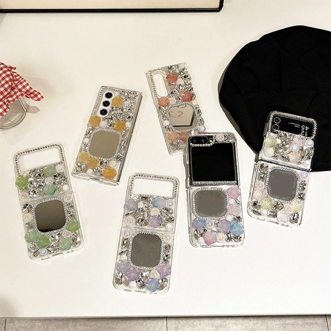 Luxury Rhinestone Flower Mirror Phone Case For Folding Smartphone 3D Resin Rose Artificial Pearl Sparkling Protective Cover