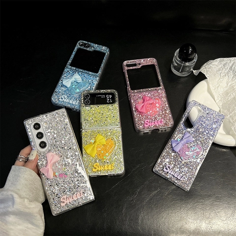 Glitter Sequin Phone Case With 3D Bowknot Heart Sweet Lettering For Samsung Galaxy Z Flip Fold Trendy Ins Style