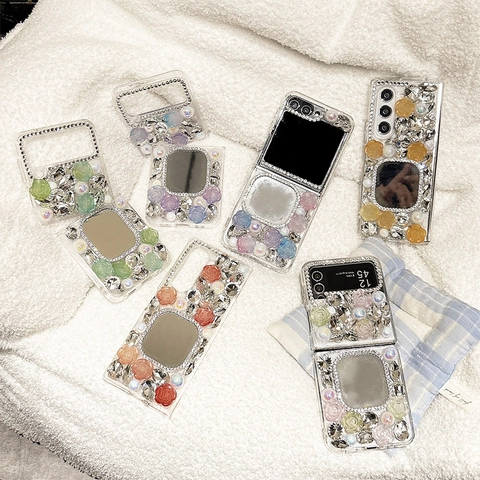 Luxury Rhinestone Flower Mirror Phone Case For Folding Smartphone 3D Resin Rose Artificial Pearl Sparkling Protective Cover