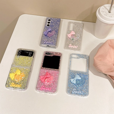 Glitter Sequin Phone Case With 3D Bowknot Heart Sweet Lettering For Samsung Galaxy Z Flip Fold Trendy Ins Style