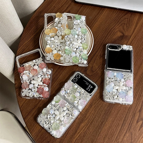 Luxury Rhinestone Artificial Pearl 3D Flower Phone Case For Samsung Galaxy Z Flip Fold Bling Floral Hard PC Cover For Women