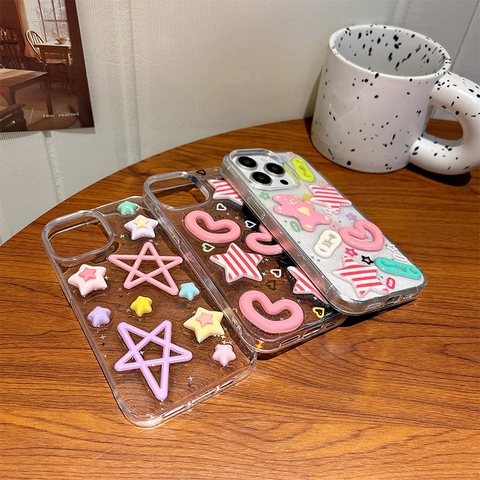 Glitter Transparent Phone Case For 16 15 14 Pro Max 3D Star Heart Bear Charms Y2K Sweet TPU Silicone Soft Protective Cover