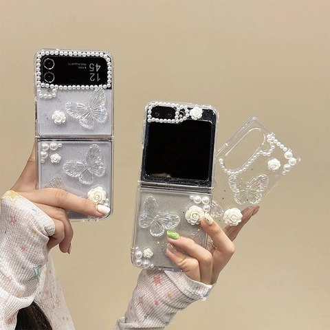 Elegant Folding Phone Case With Resin Butterfly Rose Faux Artificial Pearl Glitter Transparent Shockproof Protective Cover For Women