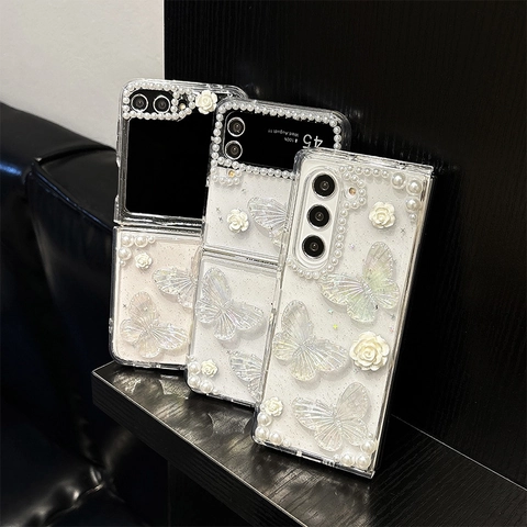 Elegant Folding Phone Case With Resin Butterfly Rose Faux Artificial Pearl Glitter Transparent Shockproof Protective Cover For Women