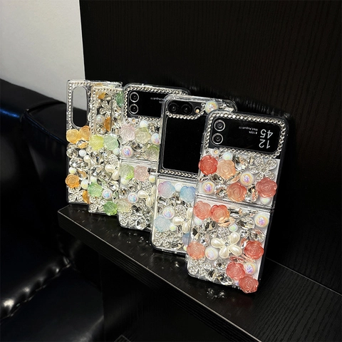 Luxury Rhinestone Artificial Pearl 3D Flower Phone Case For Samsung Galaxy Z Flip Fold Bling Floral Hard PC Cover For Women