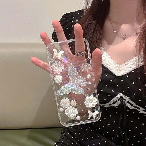 3D Laser Butterfly Flower Pearl Phone Case For iPhone Transparent TPU Soft Cover Sweet Floral Stars Sequins Relief Case