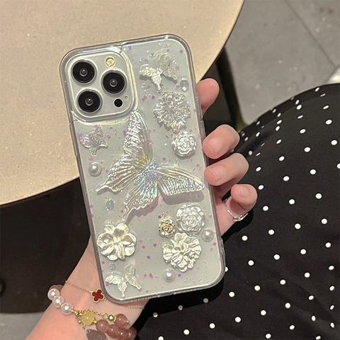 3D Laser Butterfly Flower Pearl Phone Case For iPhone Transparent TPU Soft Cover Sweet Floral Stars Sequins Relief Case