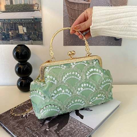 Vintage Sequin Evening Bag Lace Mesh Handbag Retro Kiss Lock Formal Party Clutch With Detachable Gold Chain Strap