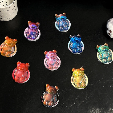 3D Irisierender Bär Handyhalter Magnetischer Ausziehbarer Ständer Laser Transparent Harz Griptok Koreanischer Ins Stil