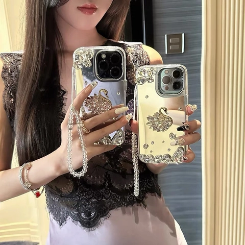 Luxury Mirror iPhone Case With Rhinestone Swan Butterfly Decor Crystal Beaded Wrist Strap Handheld Shockproof Phone Cover