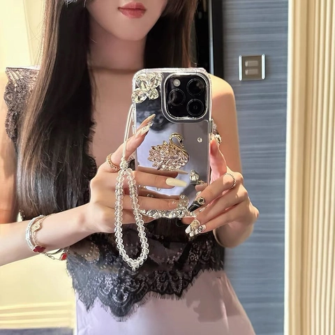 Luxury Mirror iPhone Case With Rhinestone Swan Butterfly Decor Crystal Beaded Wrist Strap Handheld Shockproof Phone Cover