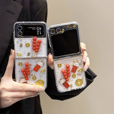3D Tanghulu Lucky Cat Phone Case For Samsung Galaxy Z Flip Fold TPU Gold Foil Festive Chinese Style Protective Cover