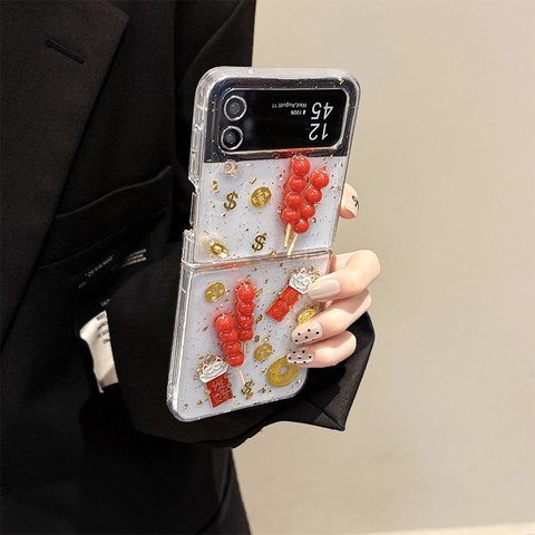 3D Tanghulu Lucky Cat Phone Case For Samsung Galaxy Z Flip Fold TPU Gold Foil Festive Chinese Style Protective Cover
