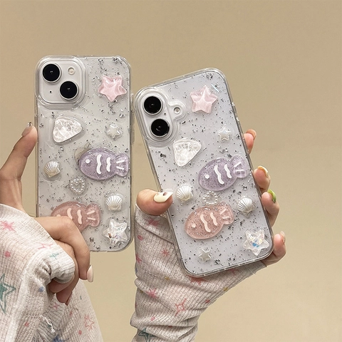 Funda De Teléfono Linda De Resina 3D Pez Y Concha Transparente Purpurina Plateada TPU Antichoque Para Mujeres Niñas