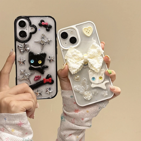 3D Cartoon Kat En Strik Ster Bot Hars TPU Telefoonhoesje Glitter Y2K Sweet Cool Style Schokbestendige Beschermhoes