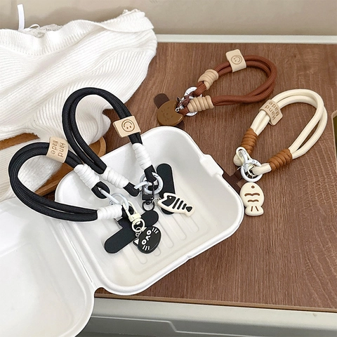 Hand Made Braided Rope Phone Lanyard Anti-Drop Wrist Strap With Cartoon Cat Fish Charms For Phone Case Keychain Decor