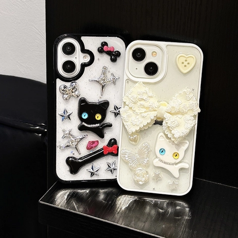 3D Cartoon Kat En Strik Ster Bot Hars TPU Telefoonhoesje Glitter Y2K Sweet Cool Style Schokbestendige Beschermhoes