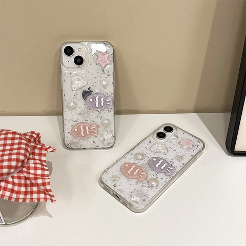 Funda De Teléfono Linda De Resina 3D Pez Y Concha Transparente Purpurina Plateada TPU Antichoque Para Mujeres Niñas