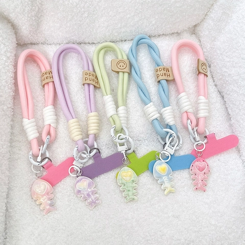Braided Nylon Phone Strap Heart Fishbone Resin Pendant Anti Lost Colorful Lanyard Hanging Accessory