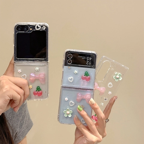 3D Sweet Resin Cherry Bow Flower Glitter Phone Case For Samsung Galaxy Z Flip Fold Series Hard PC Clear Protective Cover