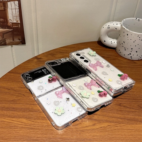 3D Sweet Resin Cherry Bow Flower Glitter Phone Case For Samsung Galaxy Z Flip Fold Series Hard PC Clear Protective Cover