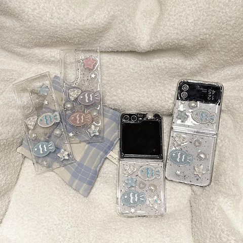 Custodia Trasparente Con Glitter E Decorazione 3D Resina Pesce Conchiglia E Stella Per Modelli Di Telefoni Pieghevoli Stil
