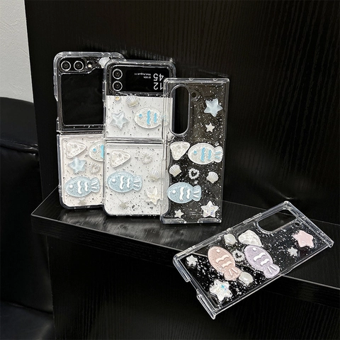 Custodia Trasparente Con Glitter E Decorazione 3D Resina Pesce Conchiglia E Stella Per Modelli Di Telefoni Pieghevoli Stil
