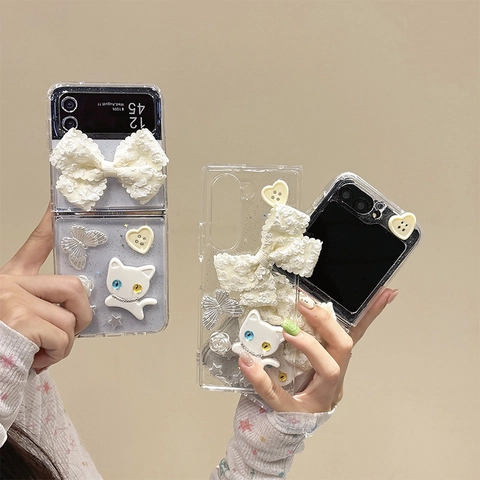Cute 3D Cat And Lace Bow Glitter Clear Phone Case Compatible With Z Flip And Z Fold Foldable Screen Protective Cover