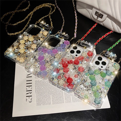 Luxury Perfume Bottle Shaped Phone Case Full Rhinestones 3D Resin Flowers Artificial Pearls Crossbody Chain Strap Elegant Decorative