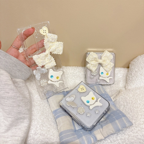Cute 3D Cat And Lace Bow Glitter Clear Phone Case Compatible With Z Flip And Z Fold Foldable Screen Protective Cover