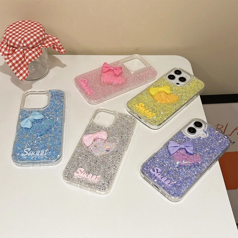 Coque De Téléphone Pailletée Avec Nœud En Tissu 3D Et Cœur Shaker Housse De Protection En TPU Pour Femmes Filles Douce