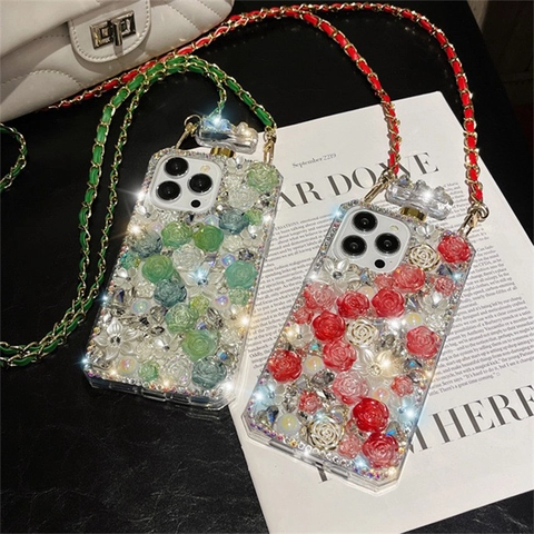 Luxury Perfume Bottle Shaped Phone Case Full Rhinestones 3D Resin Flowers Artificial Pearls Crossbody Chain Strap Elegant Decorative