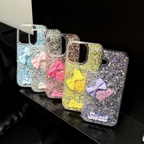 Coque De Téléphone Pailletée Avec Nœud En Tissu 3D Et Cœur Shaker Housse De Protection En TPU Pour Femmes Filles Douce