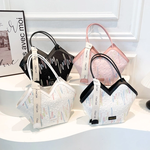 Sac Sous Le Bras En V Pour Femmes Sac À Épaule Cuir PU Brodé Motif Ondulé Bandoulière Large En Tissu Cabas Décontracté