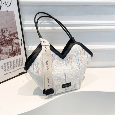 Women Tote Bag PU Leather Large Capacity Colorful Embroidery V-Shaped Opening Fashion Casual Shoulder Bag Wide Strap