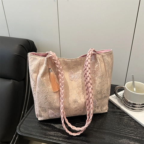 Women New Chinese Style Butterfly Embroidered Lace Tote Bag With Woven Straps Tassel Elegant Gentle Fashion Shoulder Bag