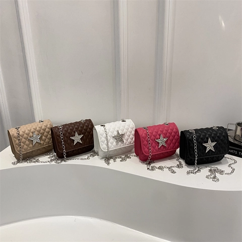 Fashion PU Leather Quilted Crossbody Bag For Women With Metal Chain Rhinestone Star Decor Small Square Shoulder Bag