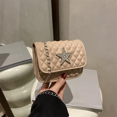 Women Quilted Mini Crossbody Bag PU Leather Rhombic Pattern Rhinestone Star Decor Metal Chain Strap Shoulder Handbag