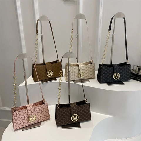 Women Underarm Shoulder Bag French Vintage PU Leather M Letter Monogram Print Gold Metal M Clasp Chain Strap Retro Handbag