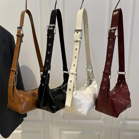 Women Glossy PU Leather Underarm Hobo Bag Adjustable Wide Eyelet Strap Retro Chic Zip Shoulder Bag